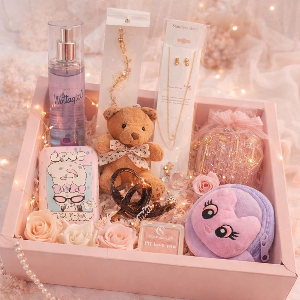 Premium Cute Gift Hamper for Girls – Jewelry, Teddy & Beauty Box 🎁